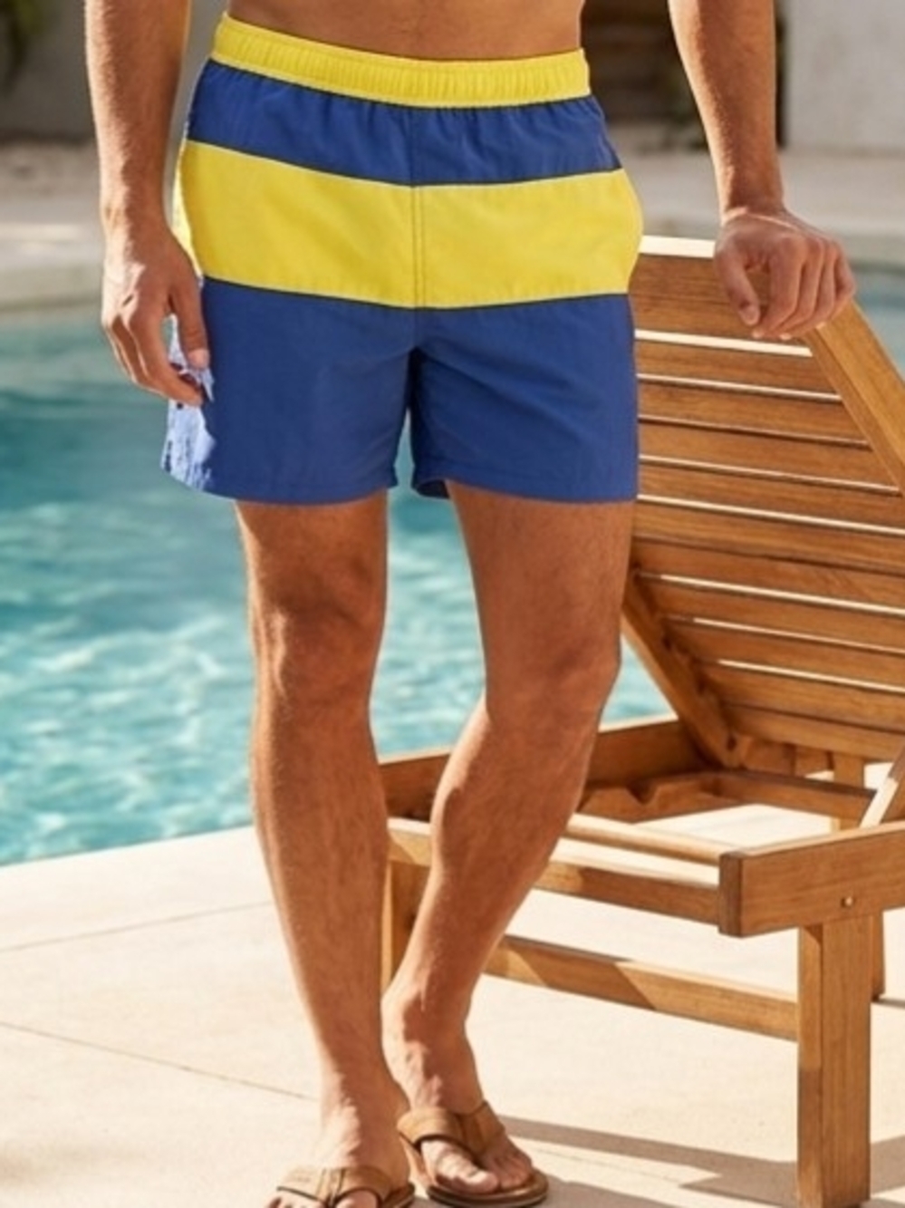 St. John's Bay Blue and Yellow Colorblock Swim Trunks Size LARGE